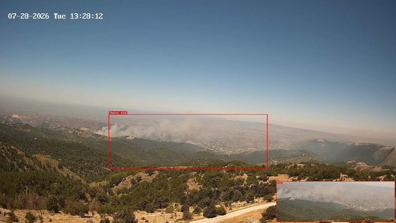 ForestGuard AI wildfire smoke column detection, confidence 85%, Lebanon