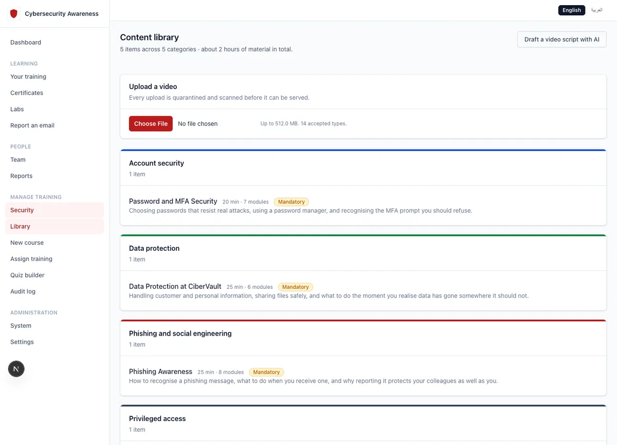 CiberVault content library with courses grouped by category and AI-assisted video script drafting